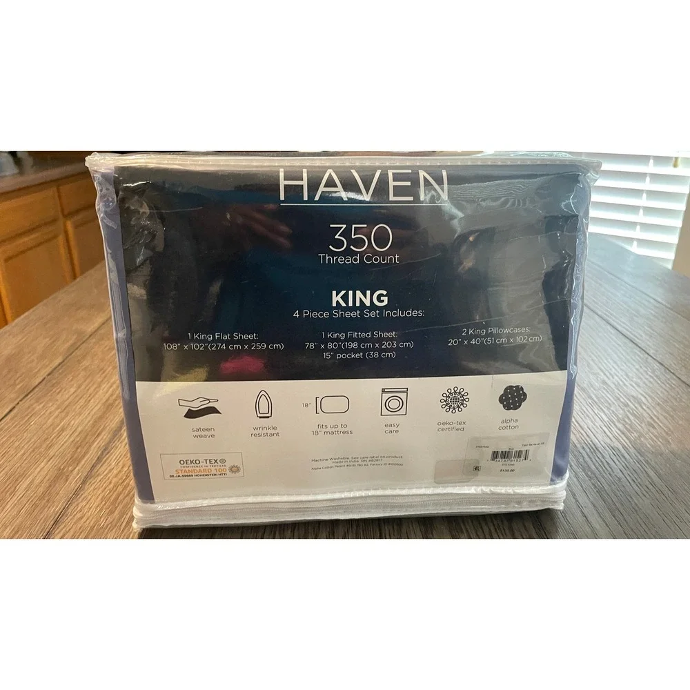 Haven 350 Thread Count King Sheet Set Blue Alpha Cotton Sateen 4pc Deep Pocket